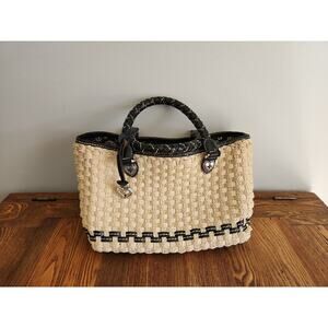 Vintage Brighton Peggy Woven Jute Straw Bag with Braided Leather Black Handle
